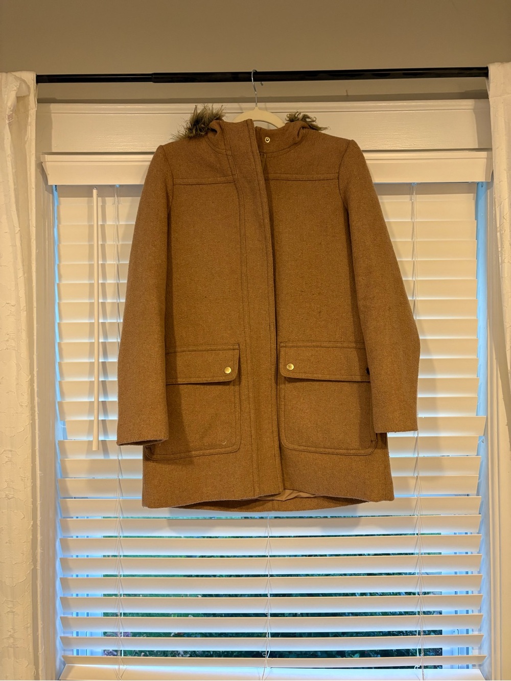 J. Crew Camel Wool-Blend Hooded Pea Coat with Faux-Fur Trim